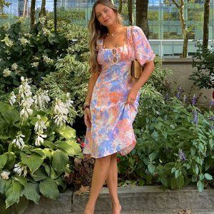 BCBGeneration Midi Dress EXTRA-SMALL Open Back Keyhole Puff Sleeves Tie Dye $148